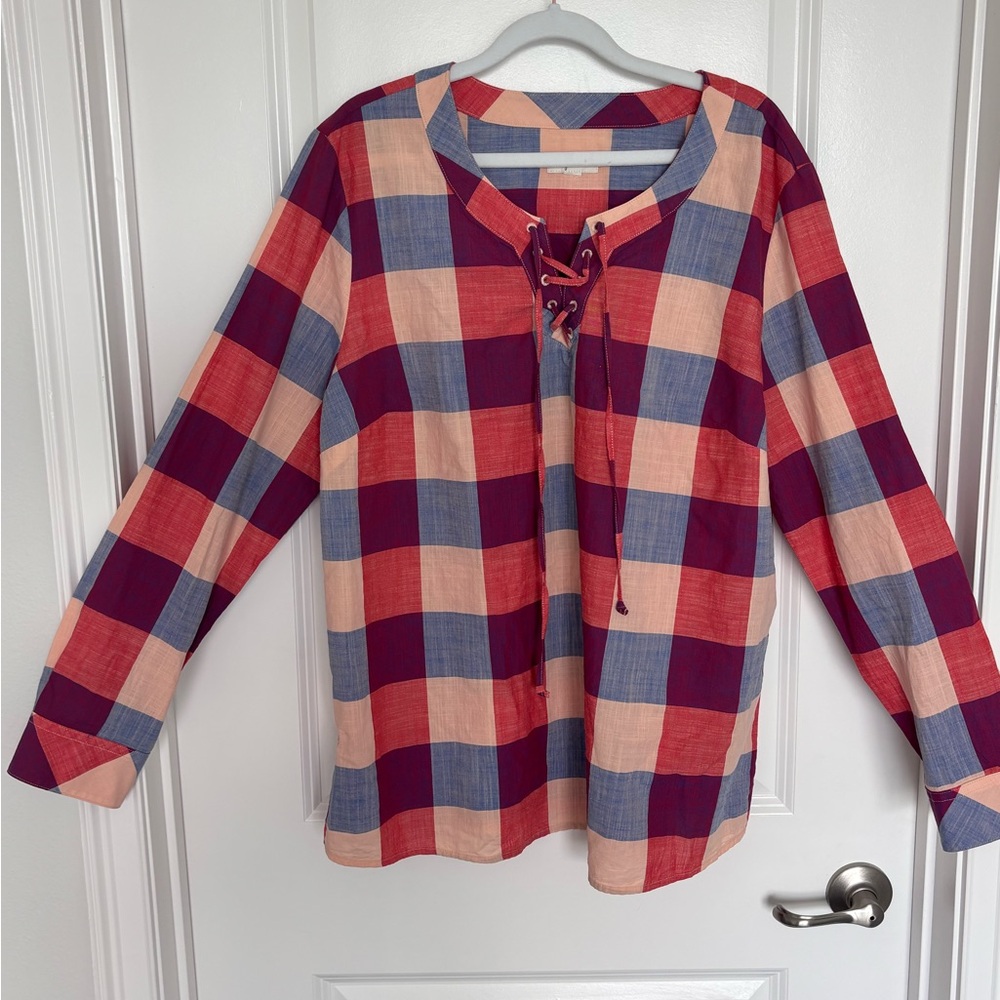 Plaid Lace Up 100% Cotton Boho Cottagecore Fall Flannel Long Sleeve Medium XL - Picture 2 of 8